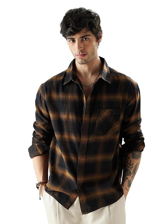 The Souled Store Plaid: Men and Boys Long Sleeve Spread Collar Button Front Casual Officewear Everydaywear Easy to Style Cotton Relaxed Shirt